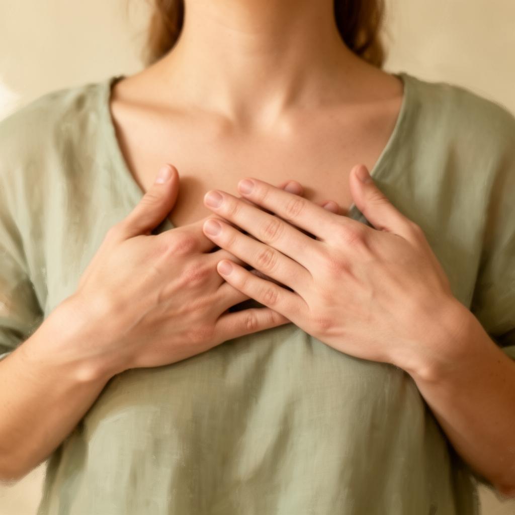 Hands resting on chest in mindful breathing